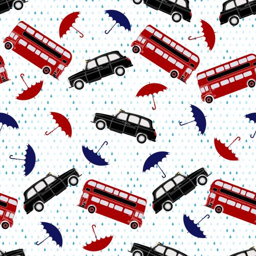 Auto. Vektor rote zweistöckige Autobusse, Taxis, farbenfrohe Regenschirme und Regentropfen auf weißem