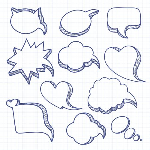 Heft. Vektor wolken Für Dialog, Verschiedene Konturen Auf Kariertem Papier