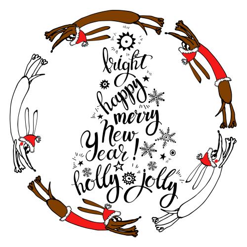 Vektorgrafik cartoonhunde in neujahrsmuetzen laufende im kreis, text: bright, happy, merry, new year, holly, jolly auf weißem
