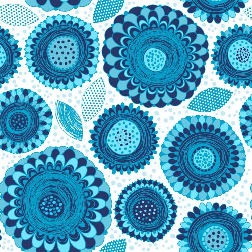 Vektorgrafik blaue doodleblumen, blätter auf weißem in blauem kariertmuster