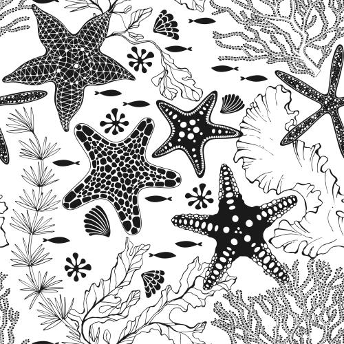 Vektorgrafik meersterne, korallen, algen, fische, muscheln auf weißem