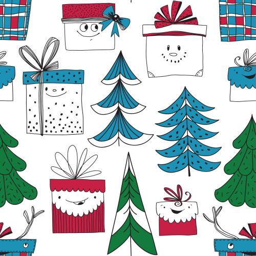 Vektorgrafik cartoonartige geschenkboxen, stylisierte tannenbäume auf weißem