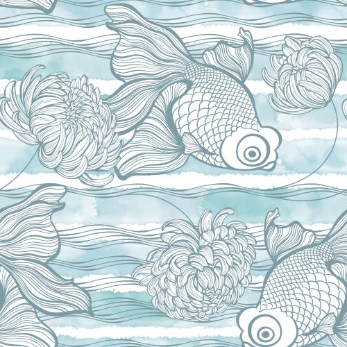 Chrysantheme. Vektor Goldfische, Wellen und Chrysanthemen auf weißem mit blauen Aquarellstreifen