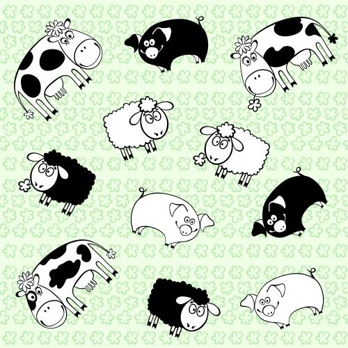 Sommer. Vektor cartoonartige Kühe, Schweine und Lämmer auf einem Blumenfeld
