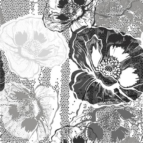 Mohn. Vektor Mohn Konturen und Silhouetten auf mosaikartigem
