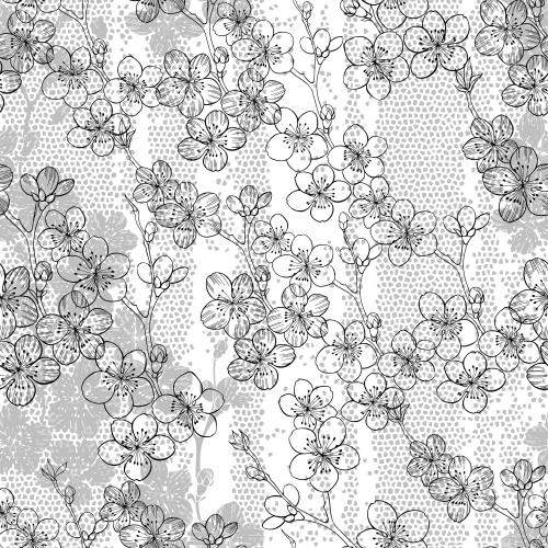 Mosaik. Vektor Blühende Sakura, monochromen Konturen und Silhouetten auf einem Mosaik
