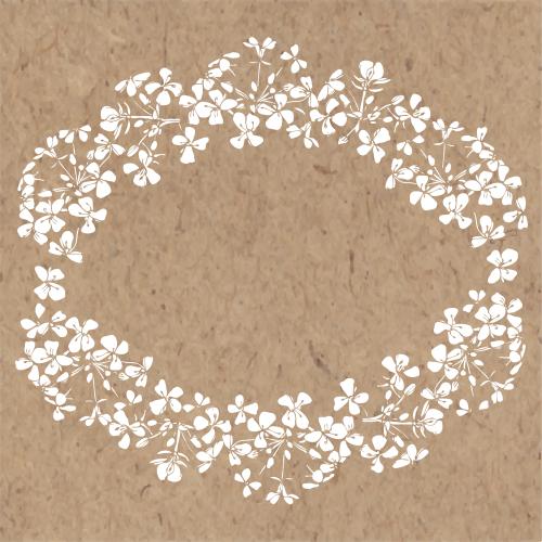 Oval. Vektor ovalrahmen aus weißen Blumen-Silhouetten auf Kraftpapier