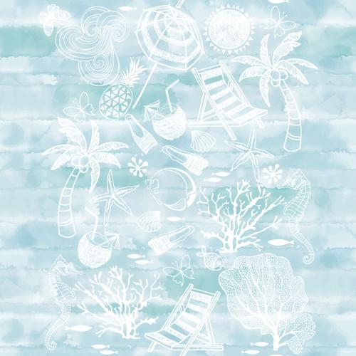 Vektorgrafik sonne wellen liegestuhl palme korallen und andere symbole des strandurlaubs auf blauem aquarell