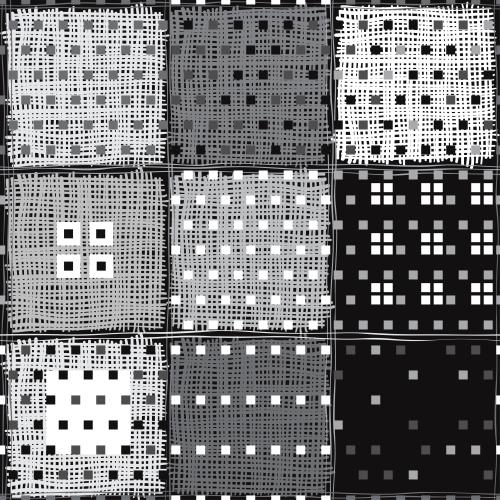 Karo. Vektor abstrakt geometrisch karierte Quadrate und kleine Silhouetten von Quadraten auf schwarzem