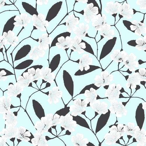 Vektorgrafik schwarze silhouetten von zweigchen mit weißen blumen auf blauem