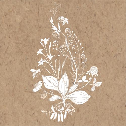 Vektorgrafik plantago, schafssack, klee, kapuzinerkresse, feldblumen, bienen, weiße silhouetten auf kraft
