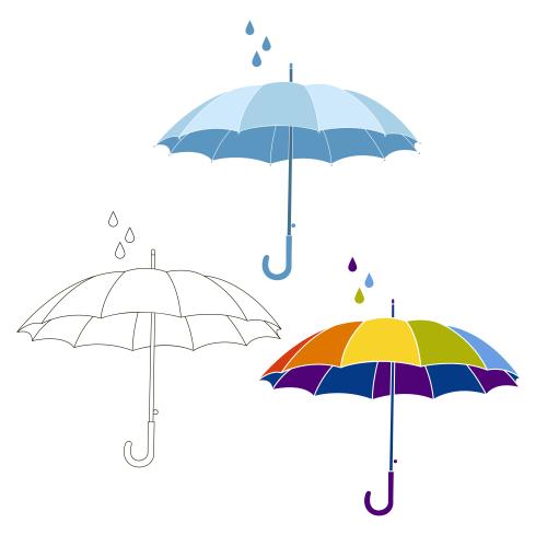 Regen. Vektor parasole und Tropfen, Kontur und Silhouetten auf weißem