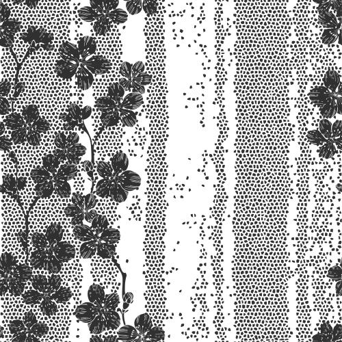 Mosaik. Vektor blühende Kirschblüte, schwarze Silhouetten auf Mosaik