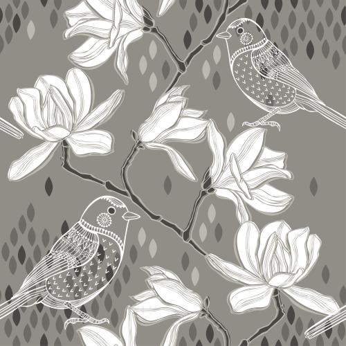 Vektorgrafik blühender magnolienzweig, stilisierte vögel, dekorative blätterchen auf grau