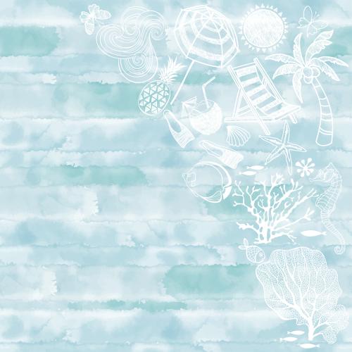 Vektorgrafik sonne wellen liegestuhl palme korallen und andere symbole des strandurlaubs platz fuer text auf blauem aquarell