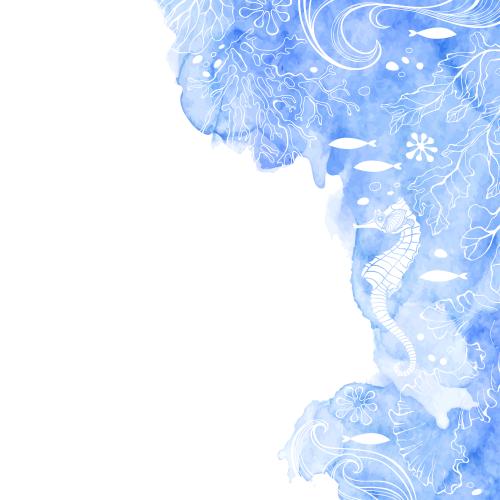 Alge. Vektor Unterwasserwelt, Meereshai, Fische, Algen, Korallen, Wellen auf blauem Aquarell, Platz für Text auf weißem
