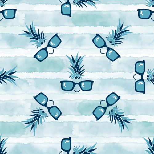 Ananas. Vektor cartoonartige fröhliche Figuren in Sonnenbrillen auf blauen Aquarell
