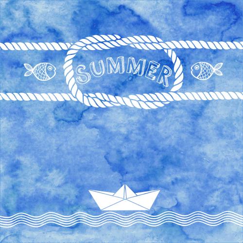 Papierschiffchen. Vektor Komposition mit maritimen Thema, nautischem Knoten, Fischen, Papierboot, Wellen und Platz für Text auf blauem Aquarell