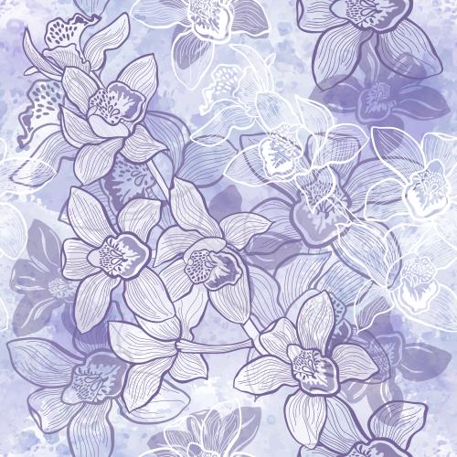 Vektorgrafik orchideen konturen und silhouetten auf lila aquarell