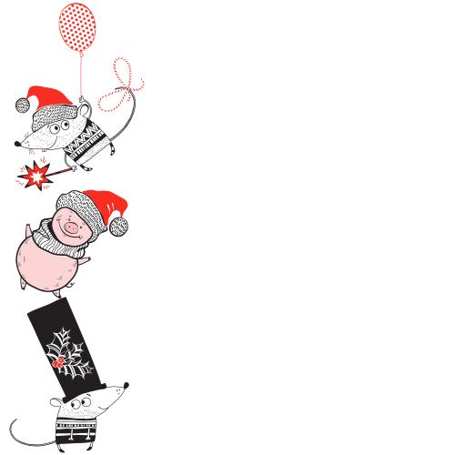 Vektorgrafik cartoonartige mäuse und schweinchen in weihnachtsmützen, platz für text auf weißem