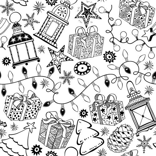 Girlande. Vektor Geschenke, Lichterkette, Laternen, Schneeflocken, Tannenzapfen, Sternchen, Tannenbäume auf weißem