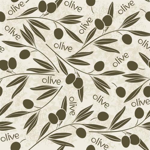 Olivenöl. Vektor silhouetten olivgrüner Zweige mit Früchten Aufschrift Olive auf texturiertem hellen