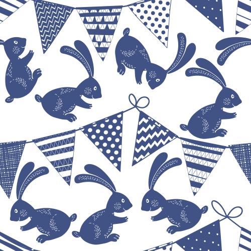 Hase. Vektor Hübsche Häschen und Girlanden mit Fahnen, blaue Silhouetten auf weiß