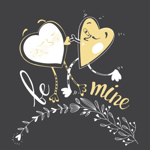 Vektorgrafik küssende cartoonartige herzchen, inschrift "be mine" auf schwarzem