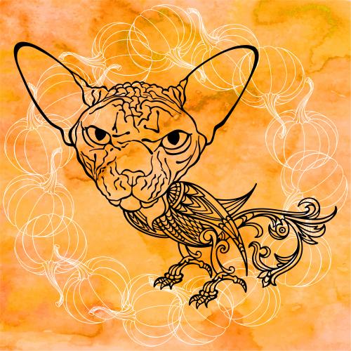 Kürbis. Vektor fantasietier mit Katzenkopf und Vogelkörper, Kürbisse auf orangem Aquarell
