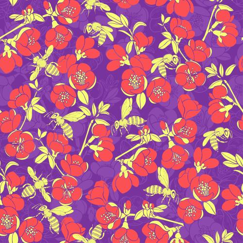 Biene. Vektor japanische Quince, Zweige mit Blumen und Bienen auf lila