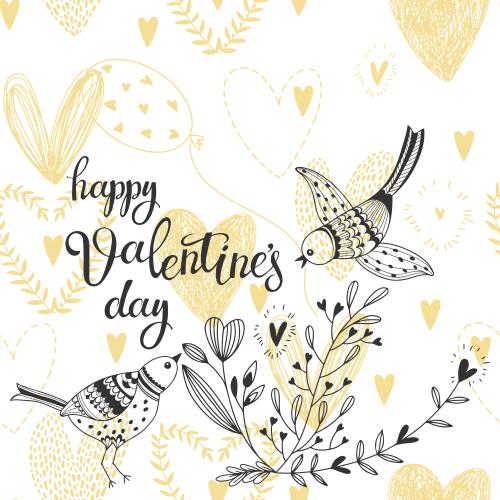 Vektorgrafik romantische komposition mit cartoonartigen vögeln, blumen, schriftzug glücklicher valentinstag