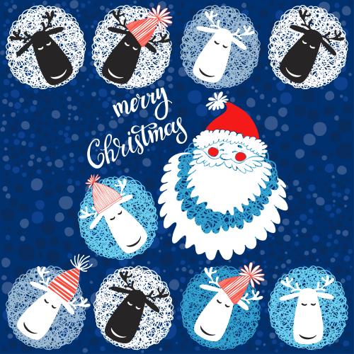 Hirsch. Vektor cartoonartige Hirsche, Weihnachtsmann auf blauem Karomuster