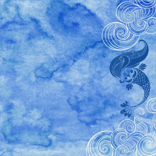 Meerjungfrau. Vektor cartoonartige nixe, wellen, textfeld auf blauem aquarell