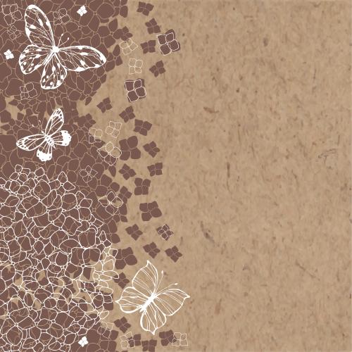 Hortensie. Vektor hydrangeen und Schmetterlinge, Platz für Text auf Kraftpapier