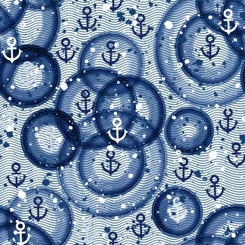 Rasterbild blaue aquarellkreise, wellen, anker, dekorative flecken auf weißem