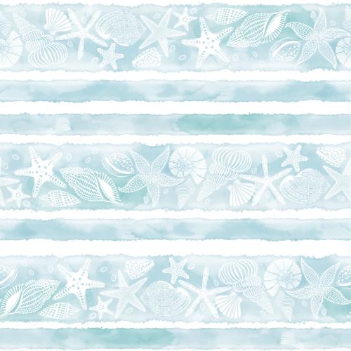 Jakobsmuschel. Vektor Meersterne, Muscheln, Nautili auf blauen Aquarellstreifen