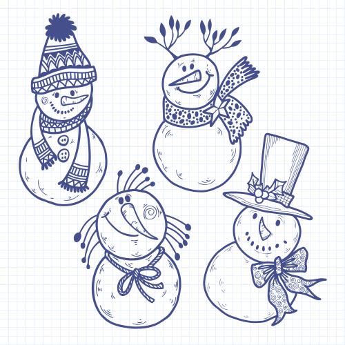 Heft. Vektor vier cartoonartige Schneemänner auf einem karierten Notizblatt