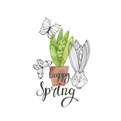 Hyazinthe. Vektor Aquarell-Hyazinthe im Töpfchen, Konturen von Schmetterlingen und Hyazinthen, Inschrift 'Happy Spring' auf weißem