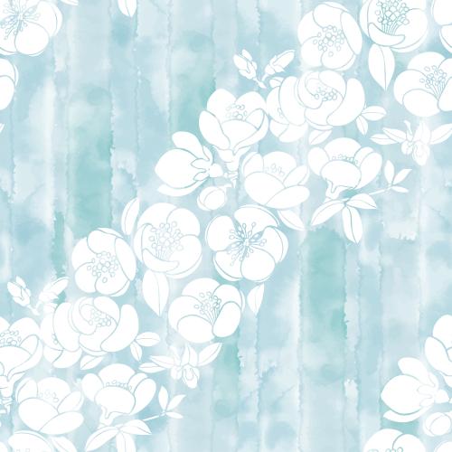 Japanische quitte. Vektor japanische Quince, weiße Silhouetten von Blumen auf blauem Aquarell