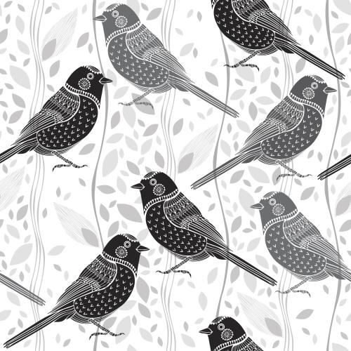 Vektorgrafik vögel, blätterchen, vertikale wellige streifen auf weißem