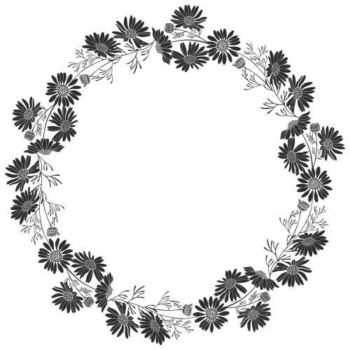 Vektorgrafik runde rahmenkranz aus gänseblümchen, schwarze silhouetten auf weißem