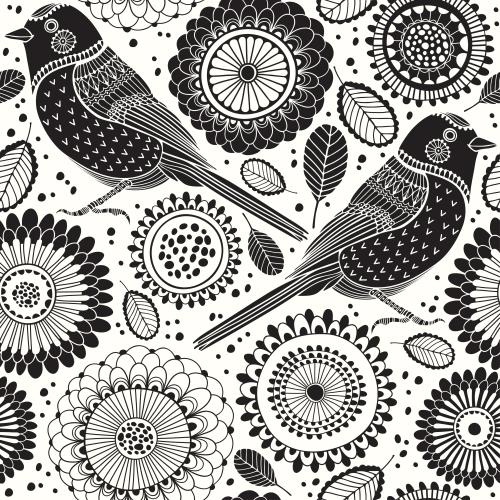Vektorgrafik abstrakte vögel, blumen und blätter im doodle-stil auf weißem