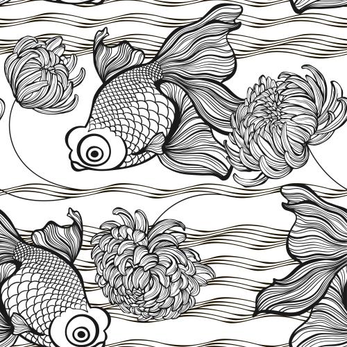 Chrysantheme. Vektor goldene Fische, Wellen und Chrysanthemen auf weißem
