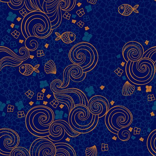 Muschel. Vektor Fische, Muscheln, Wellen, Hortensienblüten auf Blau