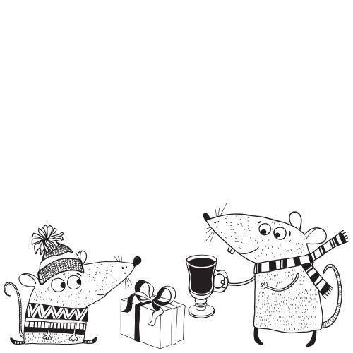 Geburtstag. Vektor Cartoonmäuse mit Glühwein und Geschenk, Platz für Text auf weißem