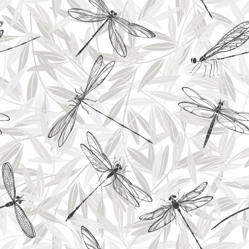 Libelle. Vektor Monochrom-Libellen und Zweige mit Blättern auf weißem