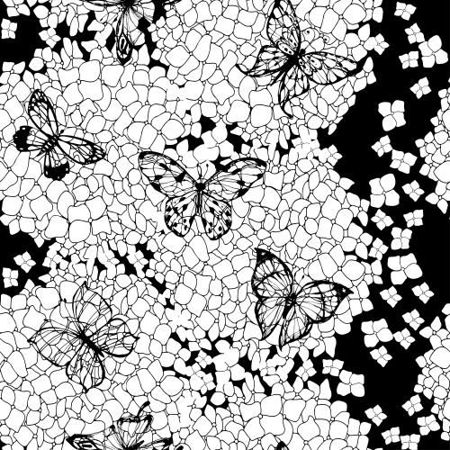 Hortensie. Vektor hyazinthen und Schmetterlinge auf schwarzem