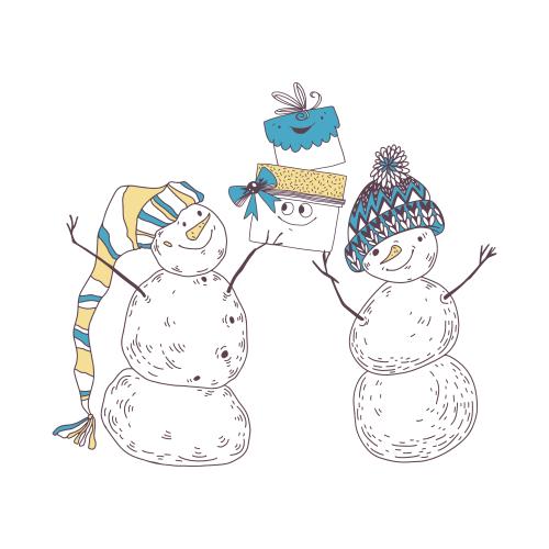 Vektorgrafik zwei cartoonartige schneemänner mit geschenken auf weißem