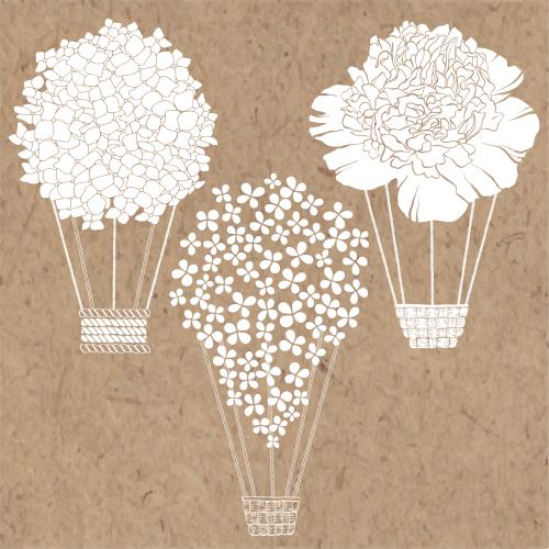 Luftballon. Vektor blumige Luftballons, Hydrangea, Lilien, Pfingstrosen, weiße Silhouetten auf Kraft