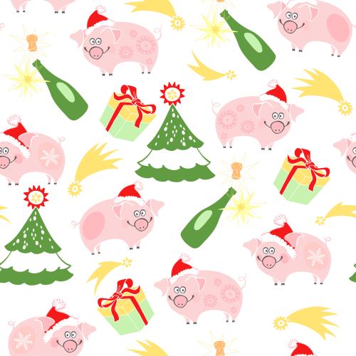 Vektorgrafik animierte schweine in neujahrskappen, tannenbaeume, champagner, geschenke auf weissem